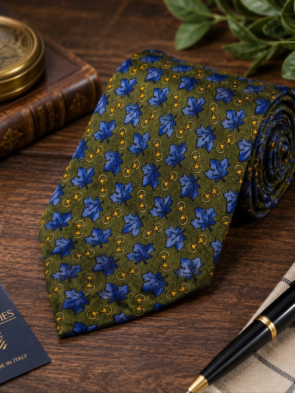 Roxy Italy 100% Silk Blue Maple Leaf Horse Bit Tie